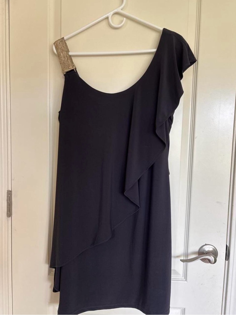 Betsy & Adam Black One-Shoulder Dress with Gold Beaded Strap